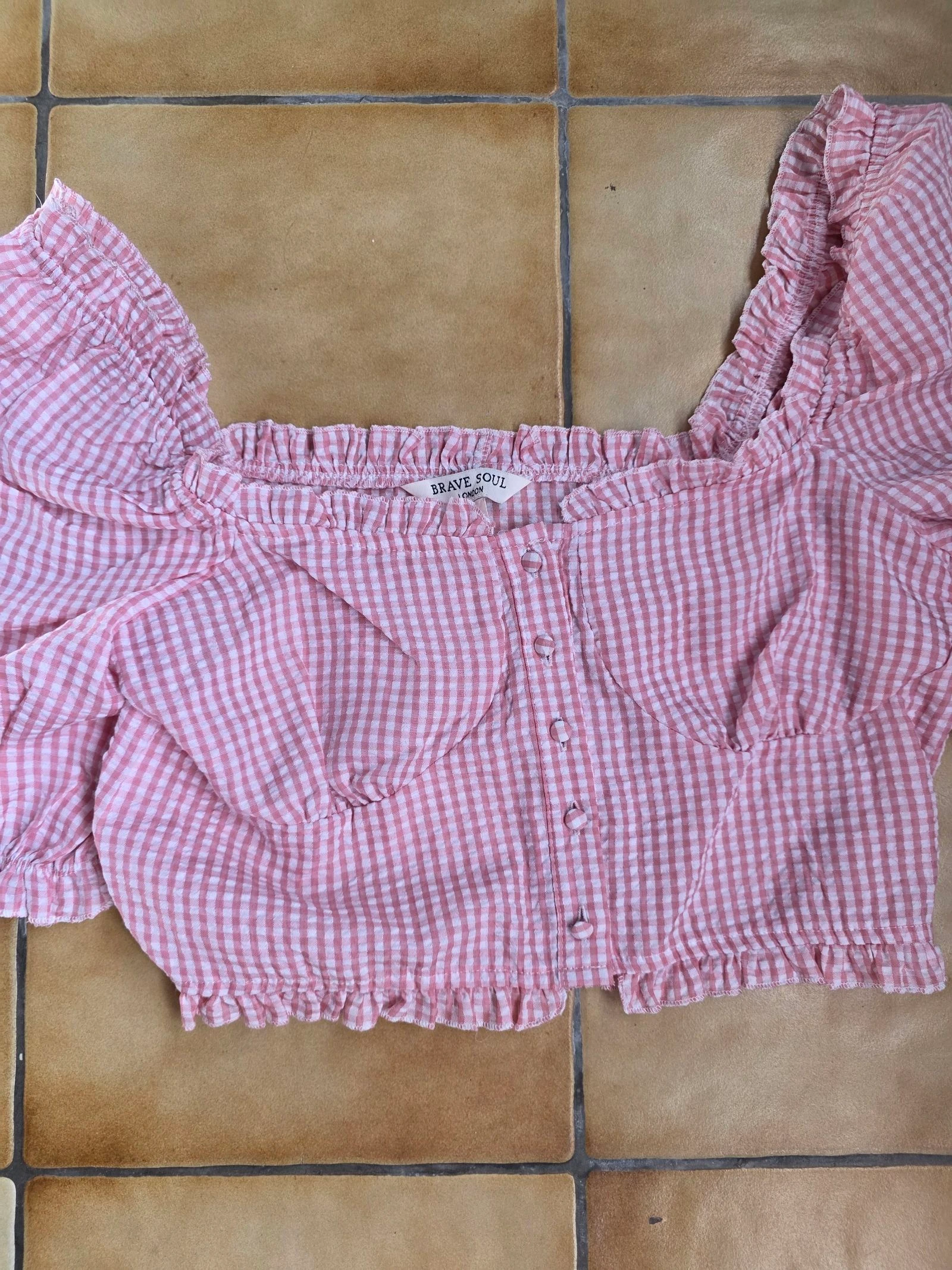 Top cropped vichy com ombros à mostra estilo milkmaid cottagecore rosa gingham milkmaid tamanho G – photo 6